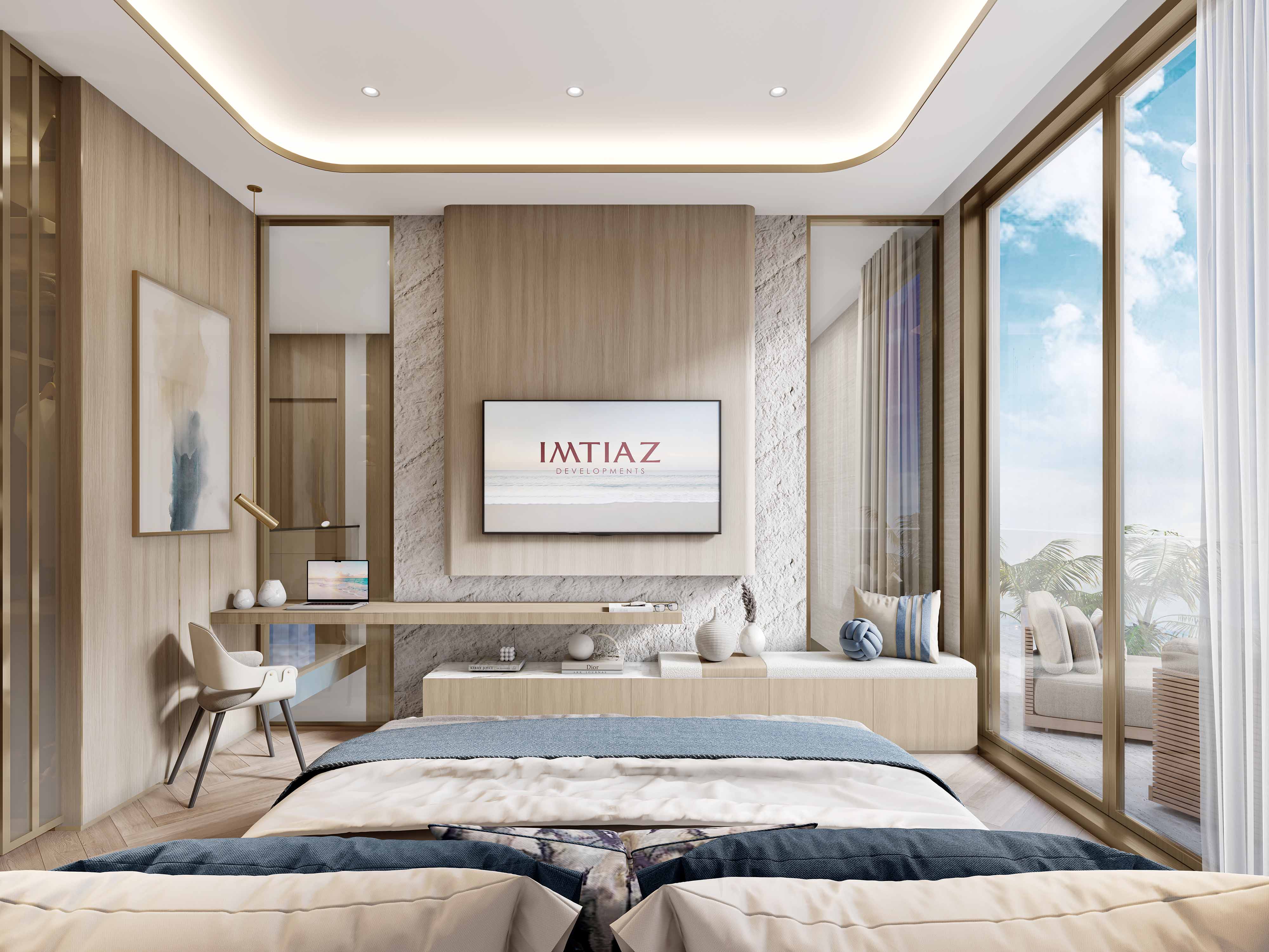 Sunset Bay 3 By Imtiaz Modern bedroom with a large window, stylish furnishings, and a TV on the wall featuring the IMTIAZ logo.